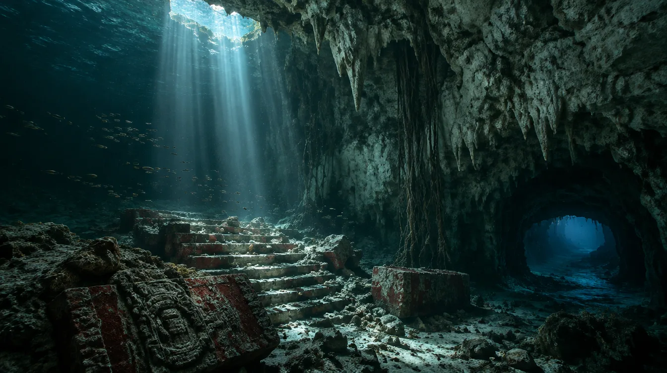 Bagian dalam cenote yang tergenang: kolom cahaya jatuh ke tangga istana yang tenggelam dan mulut sungai bawah tanah