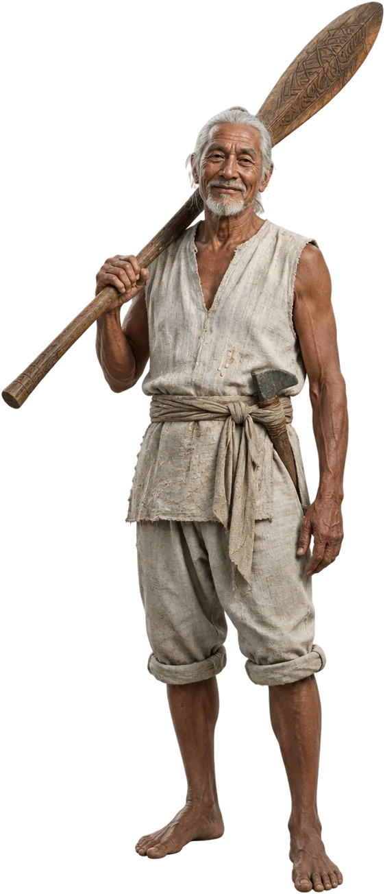 Old Cobb memikul dayung kano panjang