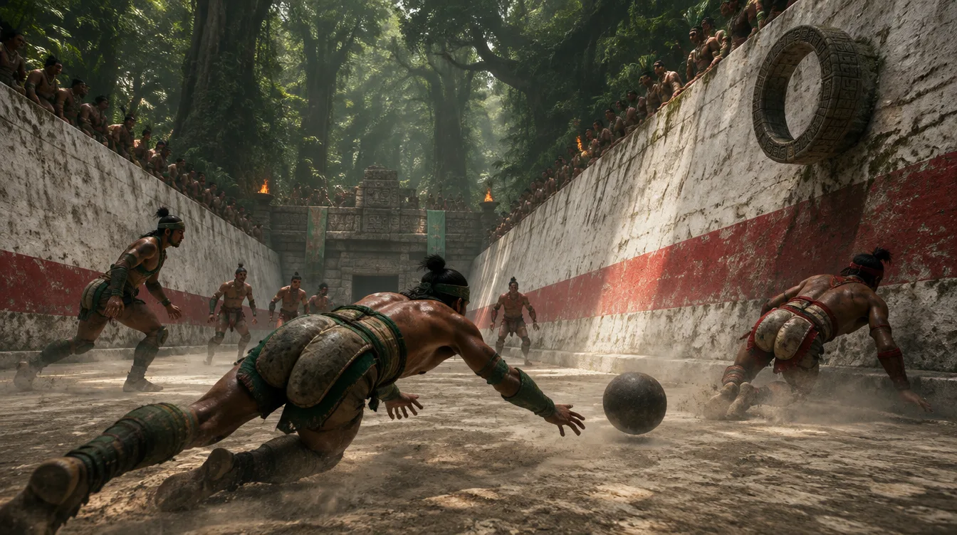 Pertandingan liga di lapangan bertembok miring Ringstone; pemain menjatuhkan diri mengejar bola karet, penonton berderet di atas tembok