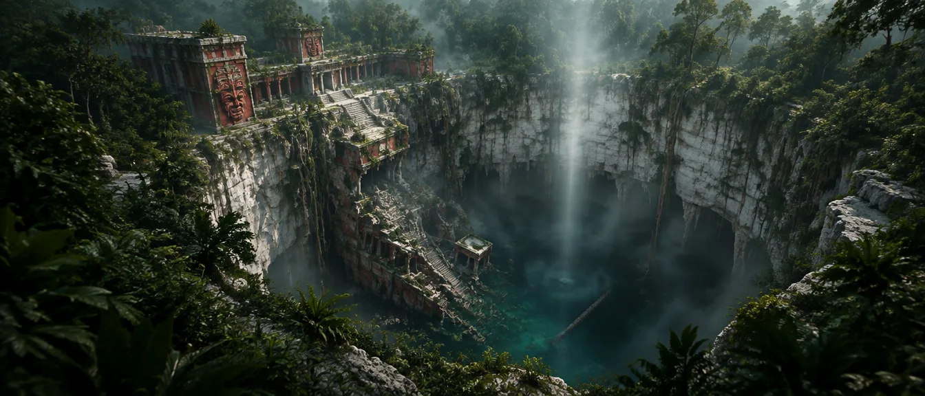 Istana Wellhaven setengah tertelan cenote raksasa: separuh bangunan bertopeng stuko merah masih berdiri di bibir lubang, separuhnya runtuh ke air di dasar